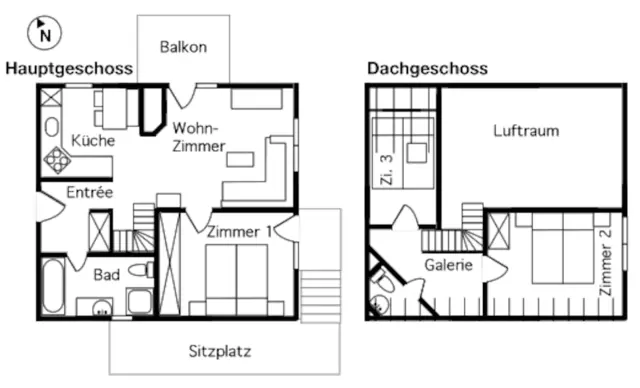 Grundriss der Maisonette mit Hauptgeschoss und Dachgeschoss